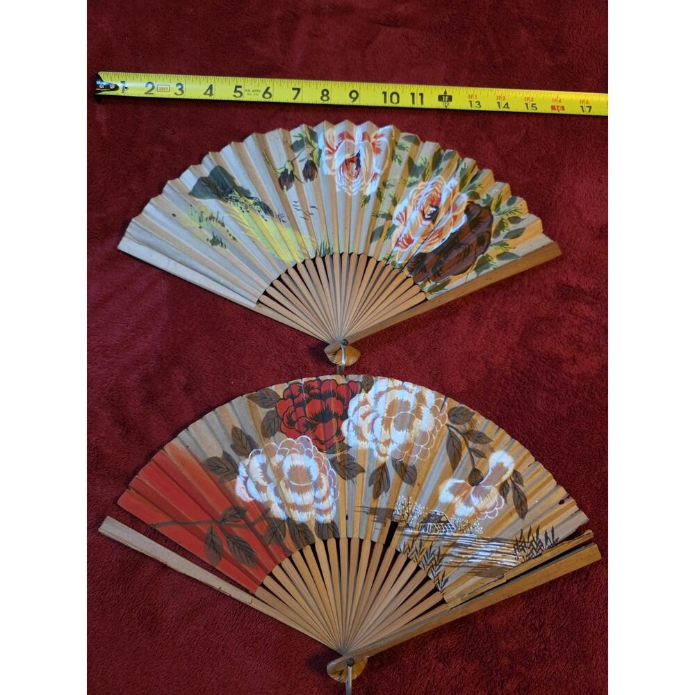 WWII Era Japanese Hand Painted Folding Fans Lot of 2 Bamboo Japan Bring Back